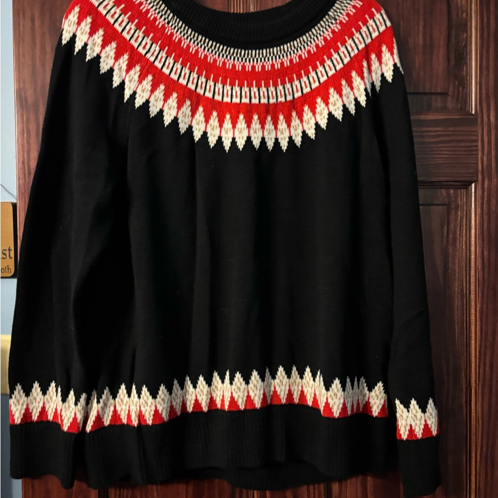 Charter Club Black Sweater with Red and Cream Pattern